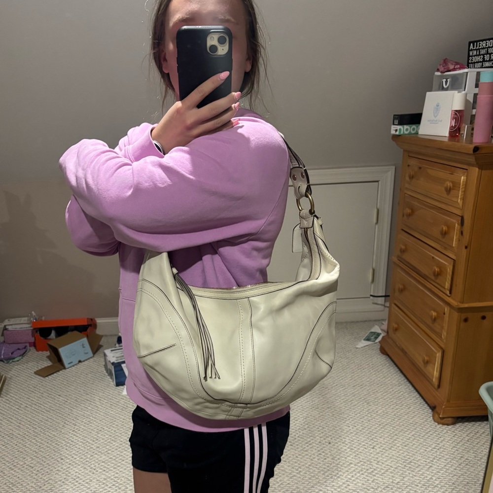 Y2K Coach Cream Leather Hobo Large Shoulder Bag With Braided Strap